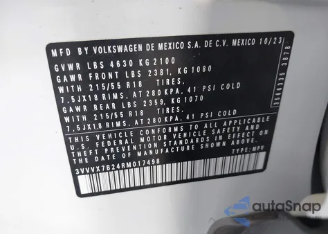 2024 Volkswagen Taos 1.5T Se z USA, uszkodzony, nr VIN 3VVVX7B24RM017498